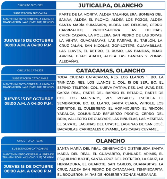 Lista de colonias que no tendrán luz este jueves debido a cortes de energía eléctrica programados por la ENEE