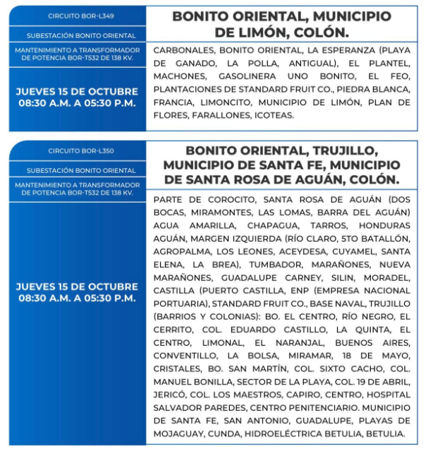 Lista de colonias que no tendrán luz este jueves debido a cortes de energía eléctrica programados por la ENEE