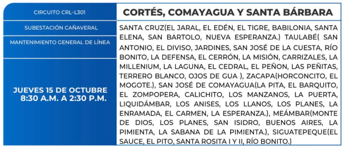 Lista de colonias que no tendrán luz este jueves debido a cortes de energía eléctrica programados por la ENEE