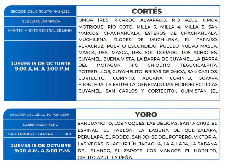 Lista de colonias que no tendrán luz este jueves debido a cortes de energía eléctrica programados por la ENEE
