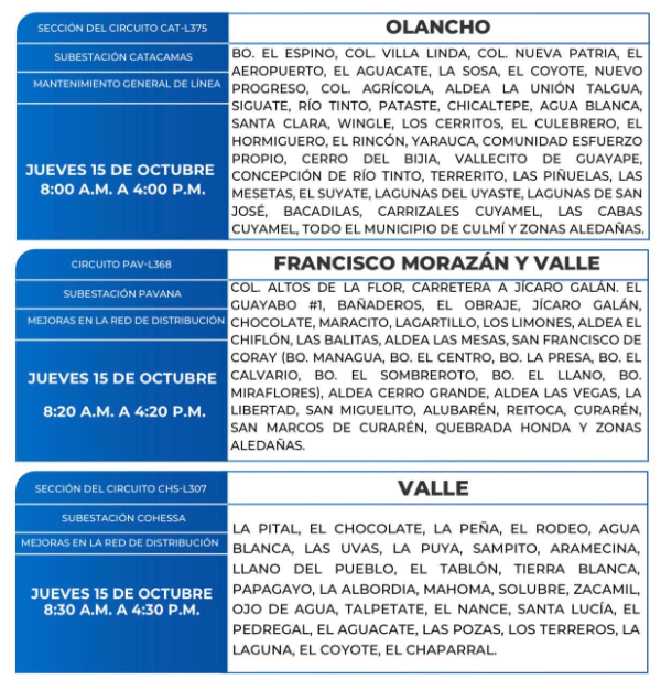 Lista de colonias que no tendrán luz este jueves debido a cortes de energía eléctrica programados por la ENEE