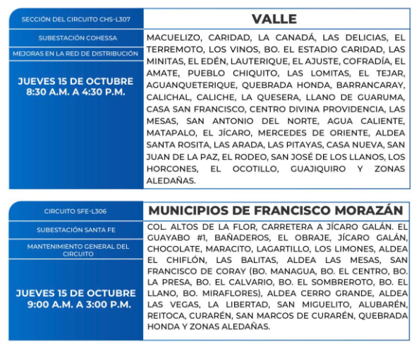 Lista de colonias que no tendrán luz este jueves debido a cortes de energía eléctrica programados por la ENEE