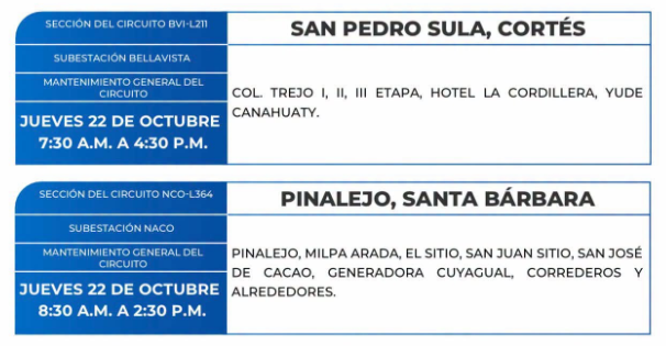 Lista de colonias que no tendrán luz este jueves debido a cortes de energía eléctrica programados por la ENEE