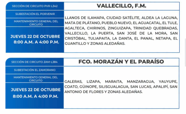 Lista de colonias que no tendrán luz este jueves debido a cortes de energía eléctrica programados por la ENEE