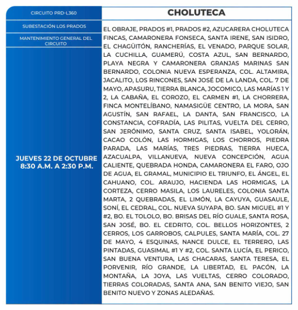 Lista de colonias que no tendrán luz este jueves debido a cortes de energía eléctrica programados por la ENEE