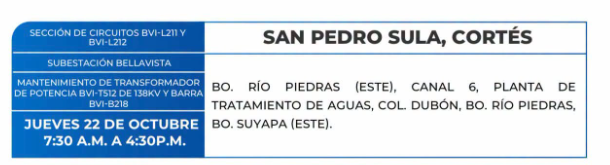 Lista de colonias que no tendrán luz este jueves debido a cortes de energía eléctrica programados por la ENEE