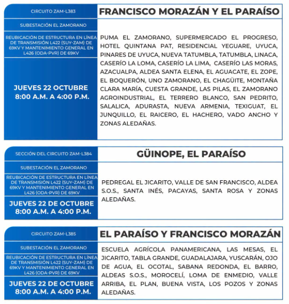 Lista de colonias que no tendrán luz este jueves debido a cortes de energía eléctrica programados por la ENEE