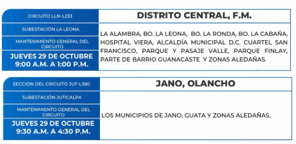 Lista de colonias que no tendrán luz este jueves debido a cortes de energía eléctrica programados por la ENEE