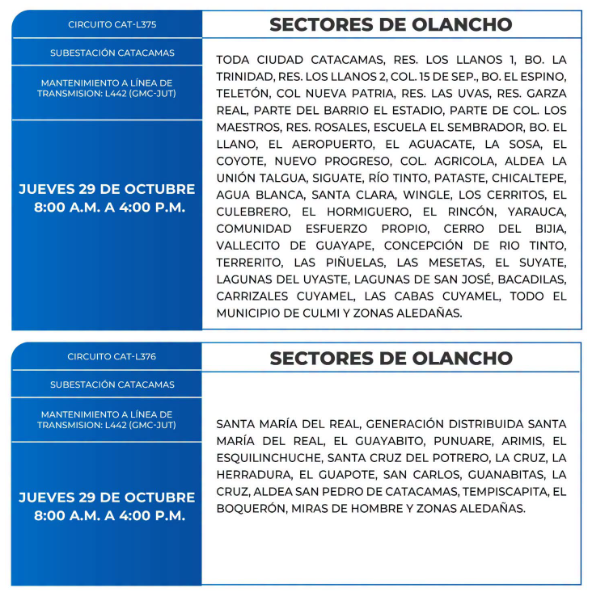 Lista de colonias que no tendrán luz este jueves debido a cortes de energía eléctrica programados por la ENEE