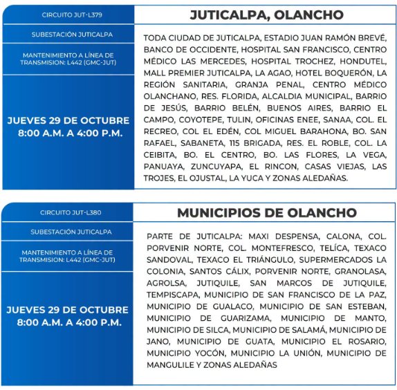 Lista de colonias que no tendrán luz este jueves debido a cortes de energía eléctrica programados por la ENEE