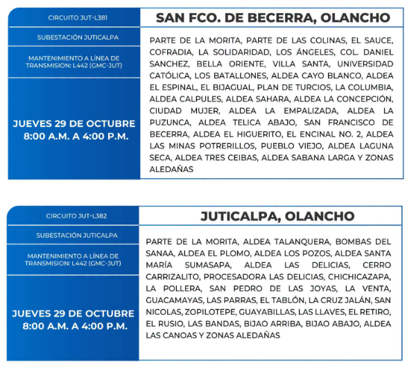 Lista de colonias que no tendrán luz este jueves debido a cortes de energía eléctrica programados por la ENEE