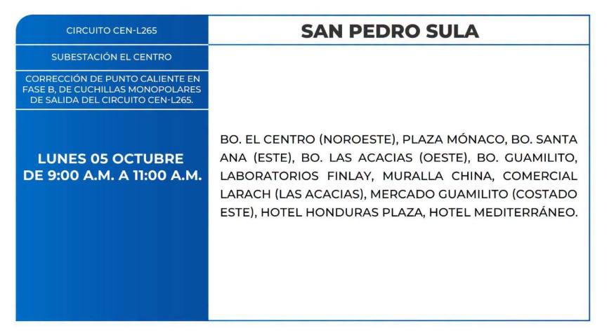 Lista de colonias que no tendrán luz este lunes debido a cortes de energía eléctrica programados por la ENEE