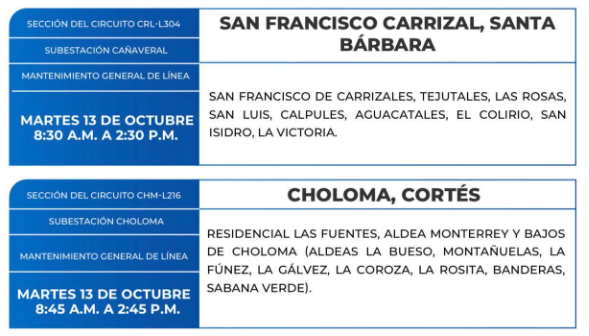 Lista de colonias que no tendrán luz este martes debido a cortes de energía eléctrica programados por la ENEE
