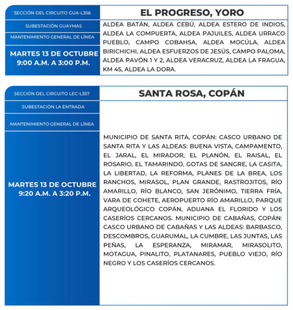 Lista de colonias que no tendrán luz este martes debido a cortes de energía eléctrica programados por la ENEE