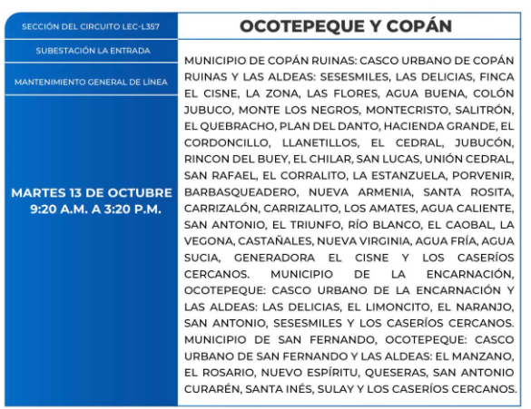 Lista de colonias que no tendrán luz este martes debido a cortes de energía eléctrica programados por la ENEE
