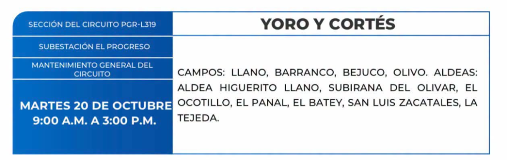 Lista de colonias que no tendrán luz este martes debido a cortes de energía eléctrica programados por la ENEE