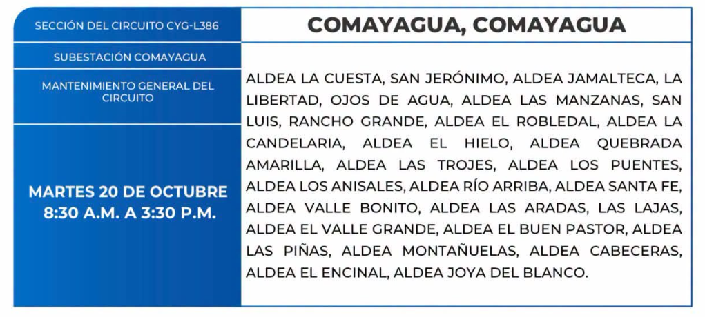 Lista de colonias que no tendrán luz este martes debido a cortes de energía eléctrica programados por la ENEE