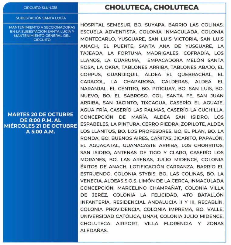 Lista de colonias que no tendrán luz este martes debido a cortes de energía eléctrica programados por la ENEE