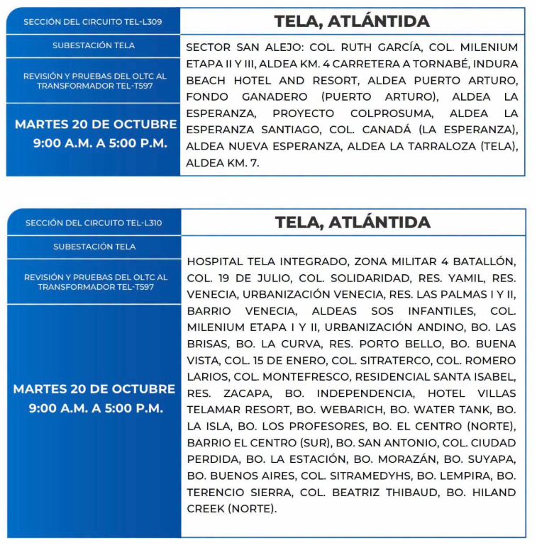 Lista de colonias que no tendrán luz este martes debido a cortes de energía eléctrica programados por la ENEE