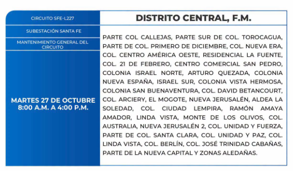 Lista de colonias que no tendrán luz este martes debido a cortes de energía eléctrica programados por la ENEE