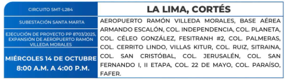 Lista de colonias que no tendrán luz este miércoles debido a cortes de energía eléctrica programados por la ENEE