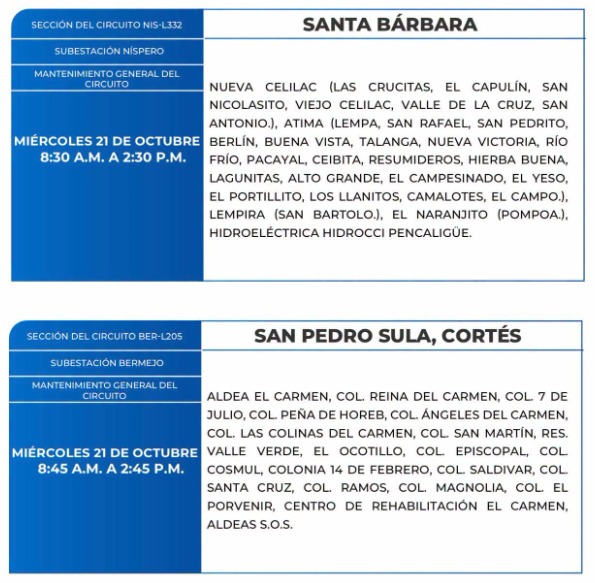 Lista de colonias que no tendrán luz este miércoles debido a cortes de energía eléctrica programados por la ENEE