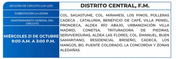 Lista de colonias que no tendrán luz este miércoles debido a cortes de energía eléctrica programados por la ENEE