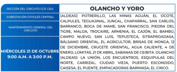 Lista de colonias que no tendrán luz este miércoles debido a cortes de energía eléctrica programados por la ENEE