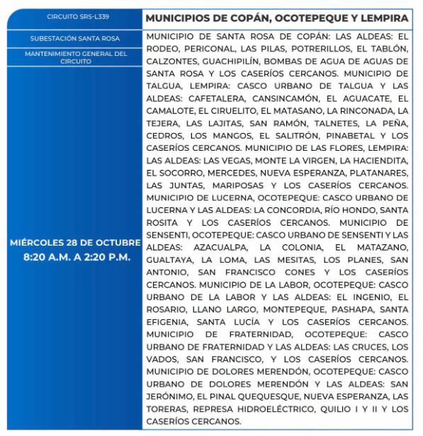 Lista de colonias que no tendrán luz este miércoles debido a cortes de energía eléctrica programados por la ENEE