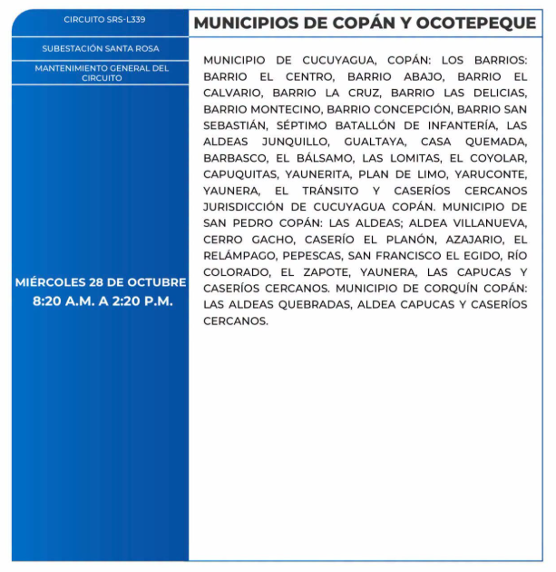 Lista de colonias que no tendrán luz este miércoles debido a cortes de energía eléctrica programados por la ENEE