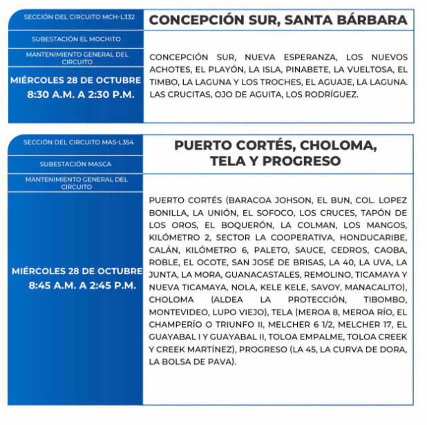 Lista de colonias que no tendrán luz este miércoles debido a cortes de energía eléctrica programados por la ENEE