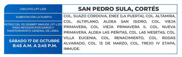 Lista de colonias que no tendrán luz este sábado debido a cortes de energía eléctrica programados por la ENEE