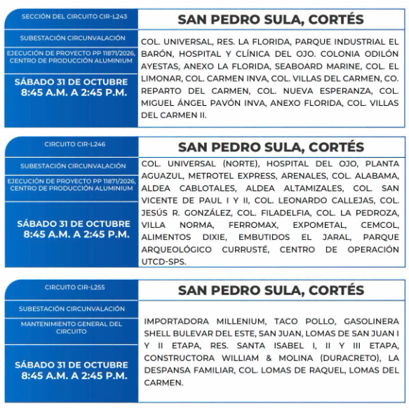 Lista de colonias que no tendrán luz este sábado debido a cortes de energía eléctrica programados por la ENEE