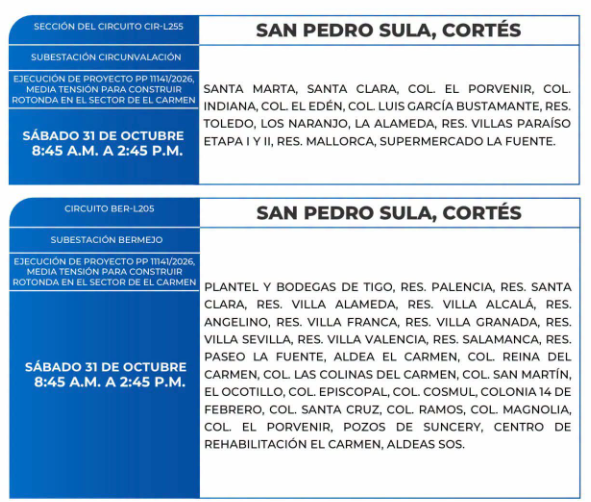 Lista de colonias que no tendrán luz este sábado debido a cortes de energía eléctrica programados por la ENEE