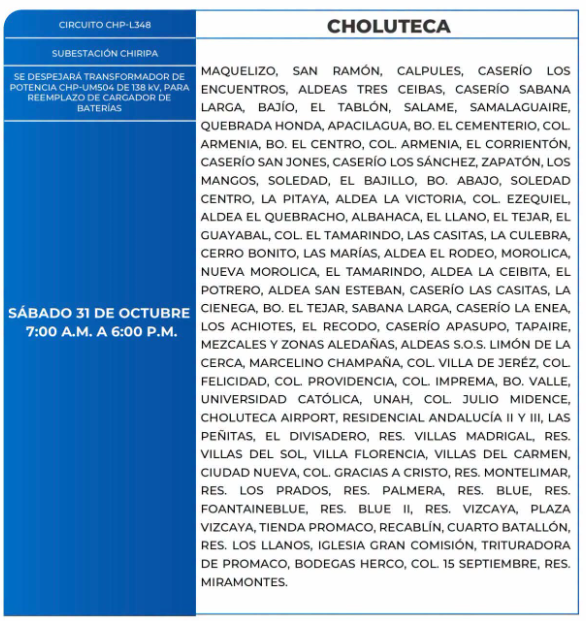 Lista de colonias que no tendrán luz este sábado debido a cortes de energía eléctrica programados por la ENEE