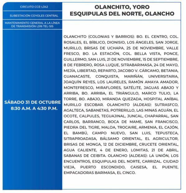 Lista de colonias que no tendrán luz este sábado debido a cortes de energía eléctrica programados por la ENEE