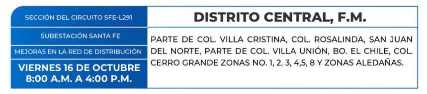 Lista de colonias que no tendrán luz este viernes debido a cortes de energía eléctrica programados por la ENEE