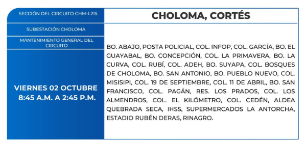 Lista de colonias que no tendrán luz este jueves debido a cortes de energía eléctrica programados por la ENEE