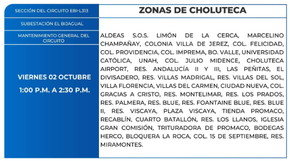 Lista de colonias que no tendrán luz este jueves debido a cortes de energía eléctrica programados por la ENEE