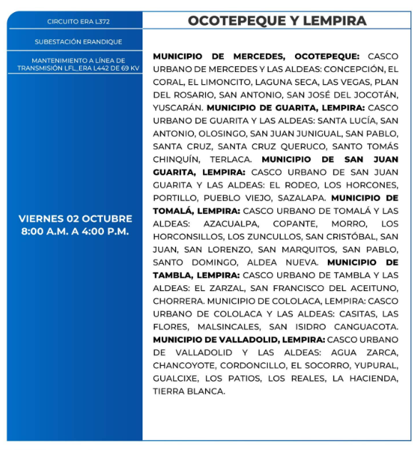 Lista de colonias que no tendrán luz este jueves debido a cortes de energía eléctrica programados por la ENEE