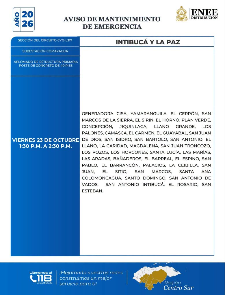 Lista de colonias que no tendrán luz este viernes debido a cortes de energía eléctrica programados por la ENEE