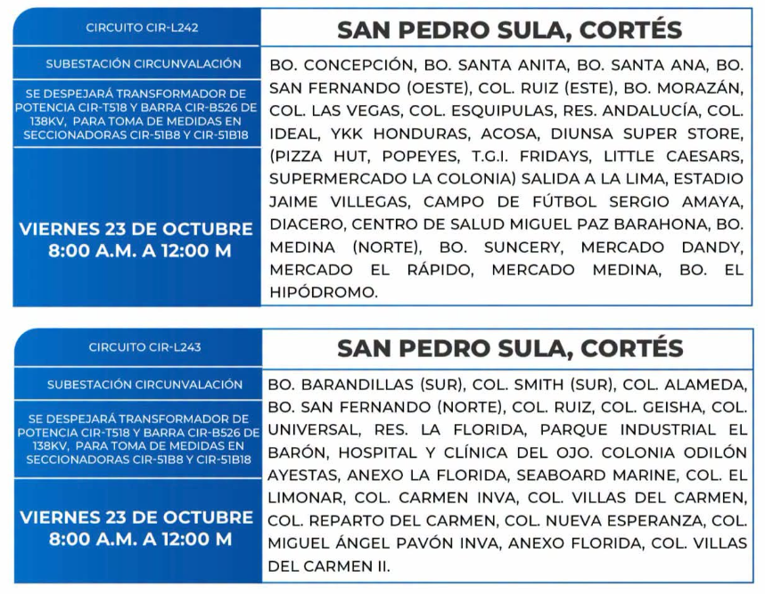 Lista de colonias que no tendrán luz este viernes debido a cortes de energía eléctrica programados por la ENEE