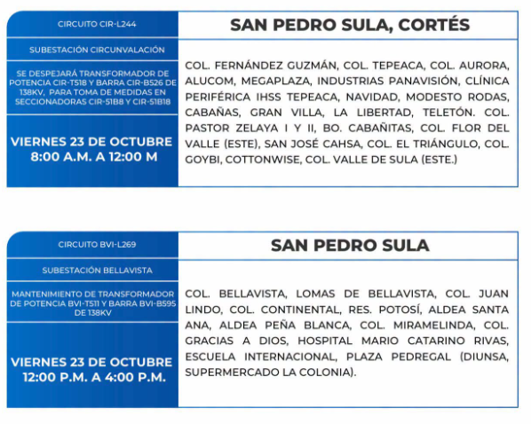 Lista de colonias que no tendrán luz este viernes debido a cortes de energía eléctrica programados por la ENEE