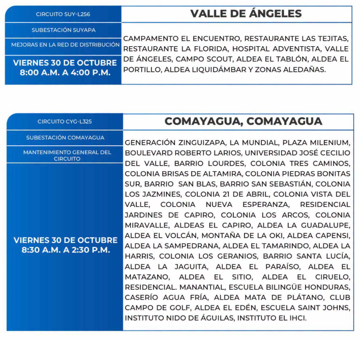 Lista de colonias que no tendrán luz este viernes debido a cortes de energía eléctrica programados por la ENEE