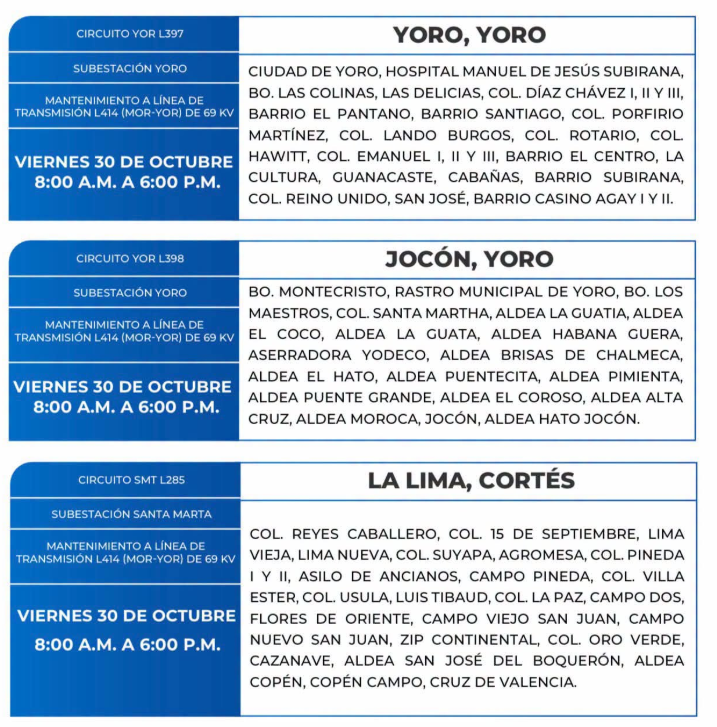 Lista de colonias que no tendrán luz este viernes debido a cortes de energía eléctrica programados por la ENEE